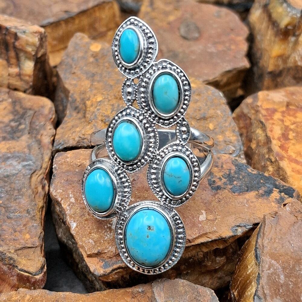 Kingman Turquoise Cluster Ring Sz 9.5 Statement Sterling Silver Southwestern